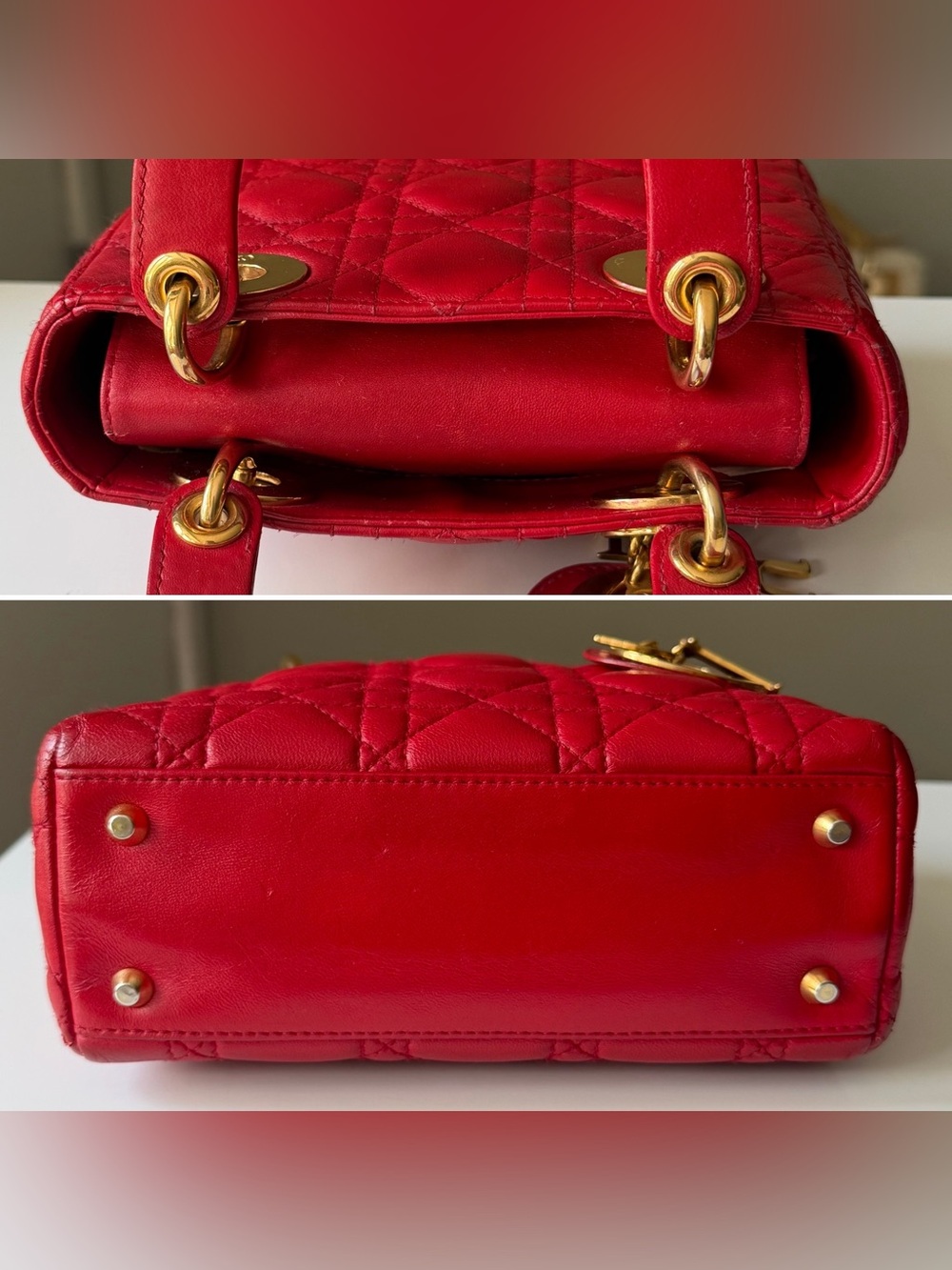 Christian Dior Lady Dior Mini Cannage Lambskin Bag Red Gold Hardware w/ Strap - Picture 6 of 13